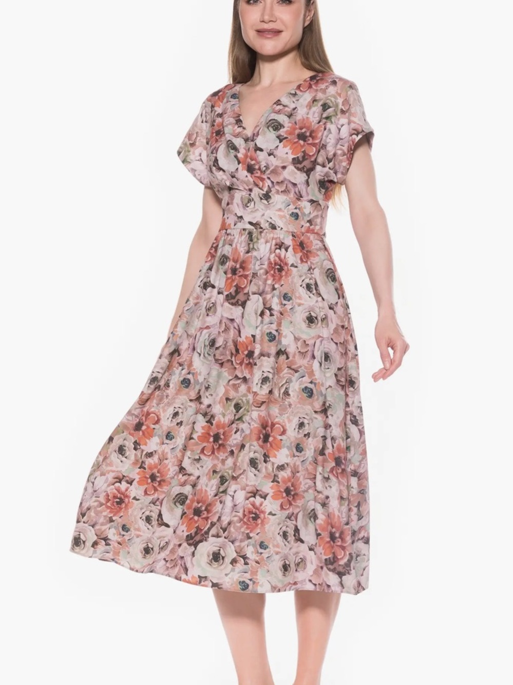 Alexia Admor Floral Midi Dress in Blush Pink and Coral